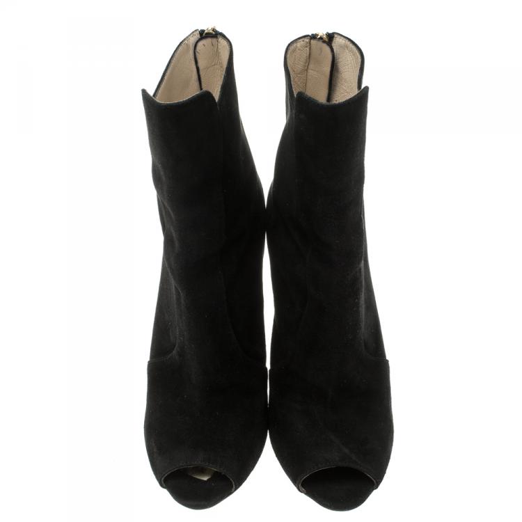 Pre Owned Prada Black Suede Peep Toe Wedge Ankle Boots Size 36