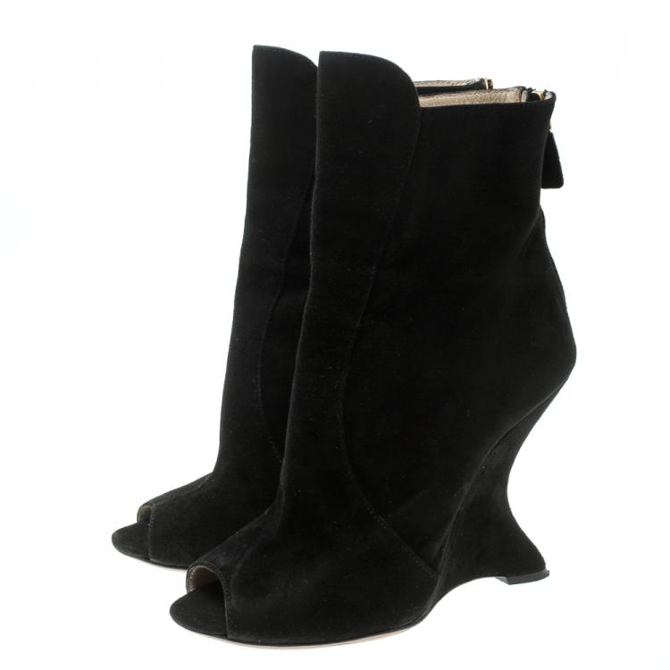 Pre Owned Prada Black Suede Peep Toe Wedge Ankle Boots Size 36