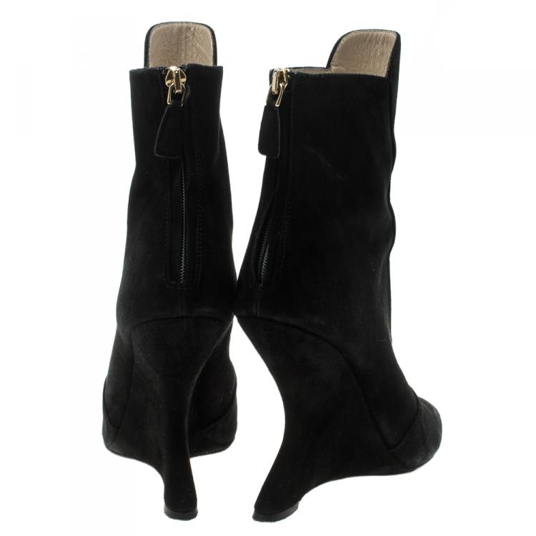 Pre Owned Prada Black Suede Peep Toe Wedge Ankle Boots Size 36