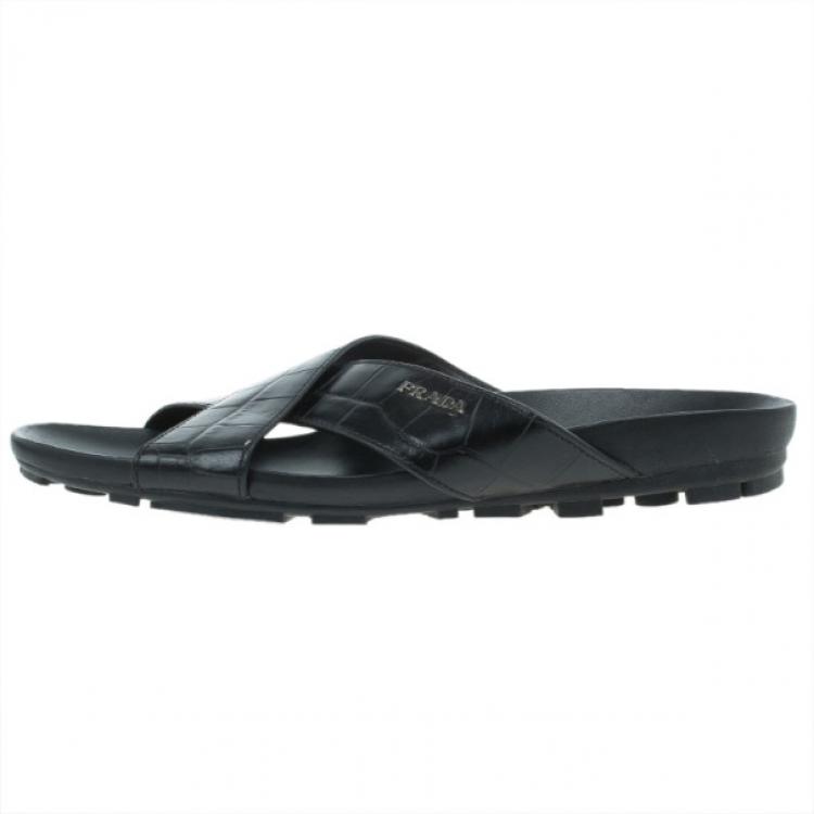 Pre Owned Prada Sport Black Croc Embossed Criss Cross Slides Size 41
