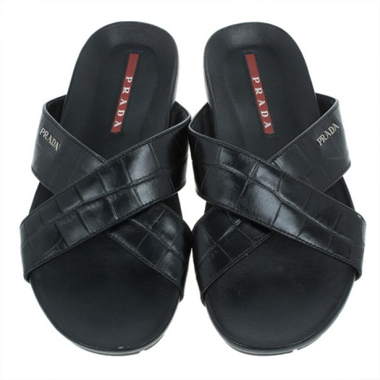 Pre Owned Prada Sport Black Croc Embossed Criss Cross Slides Size 41