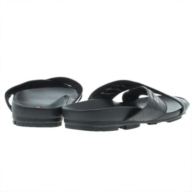 Pre Owned Prada Sport Black Croc Embossed Criss Cross Slides Size 41