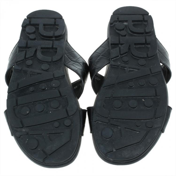 Pre Owned Prada Sport Black Croc Embossed Criss Cross Slides Size 41