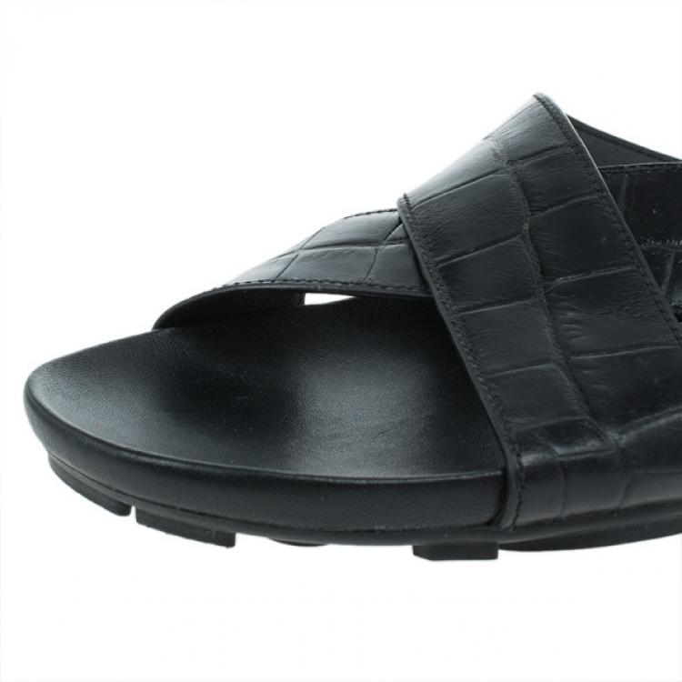 Pre Owned Prada Sport Black Croc Embossed Criss Cross Slides Size 41