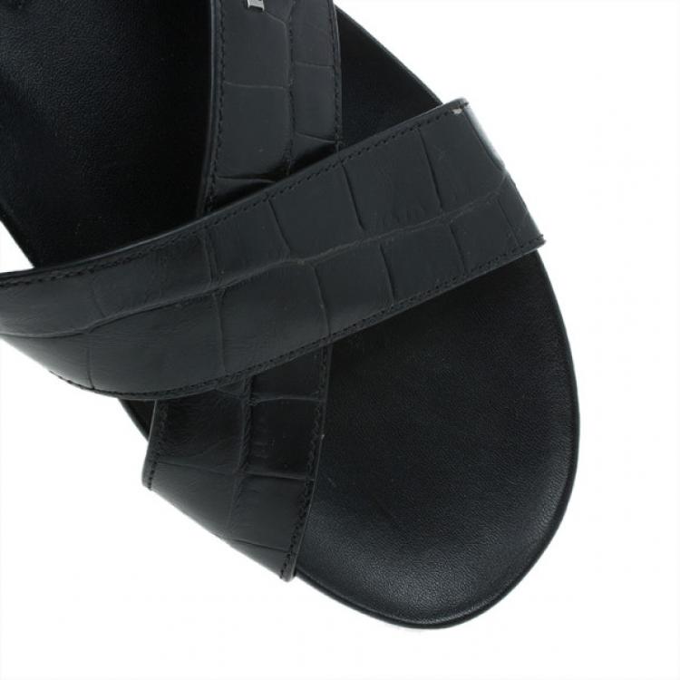 Pre Owned Prada Sport Black Croc Embossed Criss Cross Slides Size 41