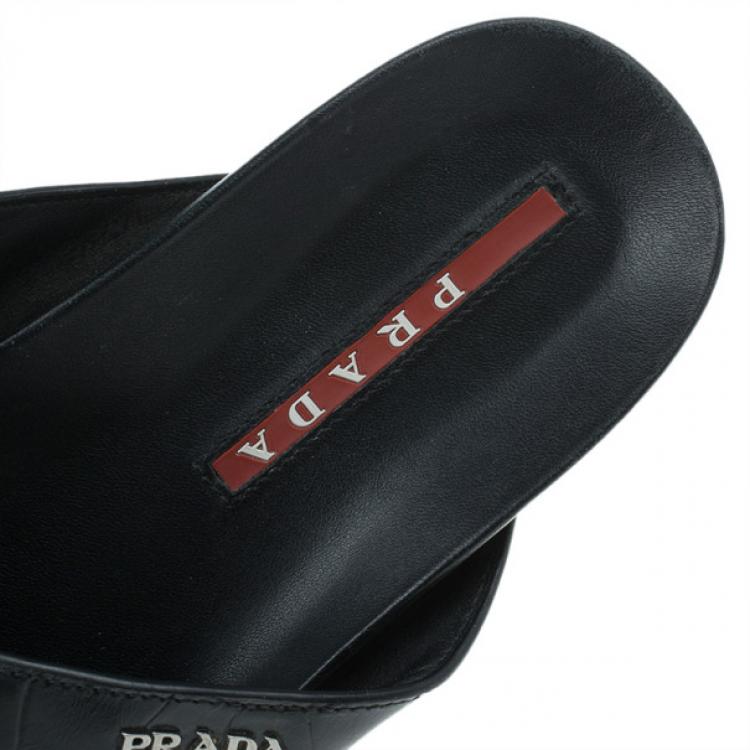 Pre Owned Prada Sport Black Croc Embossed Criss Cross Slides Size 41