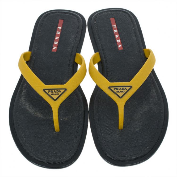 Pre Owned Prada Sport Yellow Crosshatch Rubber Flip-Flops Size 43