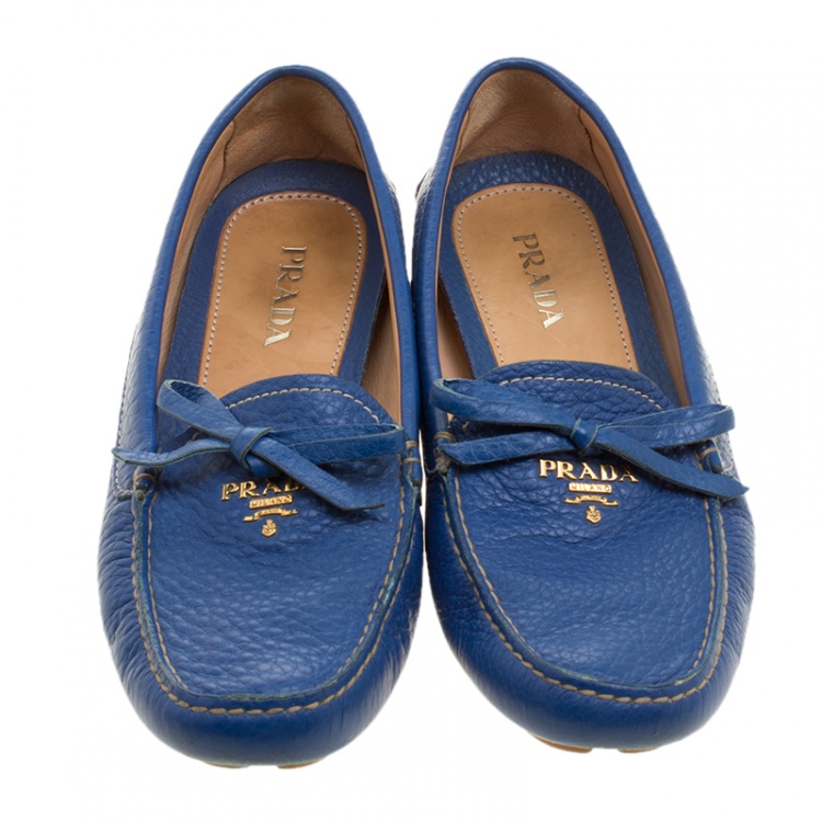 Pre Owned Prada Blue Leather Bow Loafers Size 38