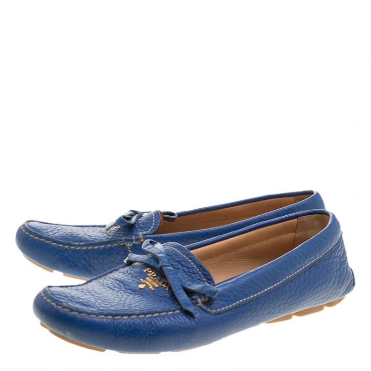 Pre Owned Prada Blue Leather Bow Loafers Size 38