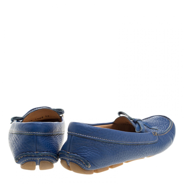 Pre Owned Prada Blue Leather Bow Loafers Size 38