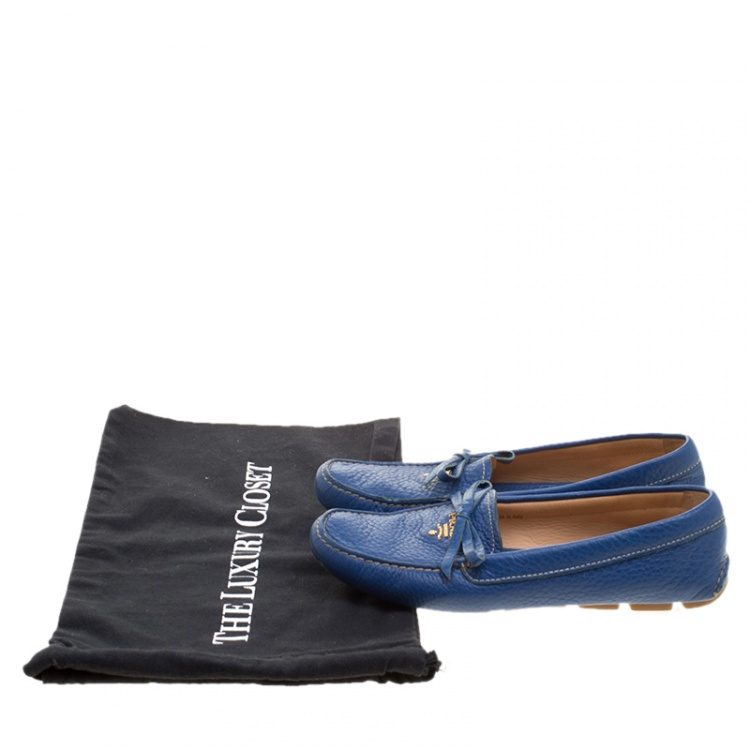 Pre Owned Prada Blue Leather Bow Loafers Size 38