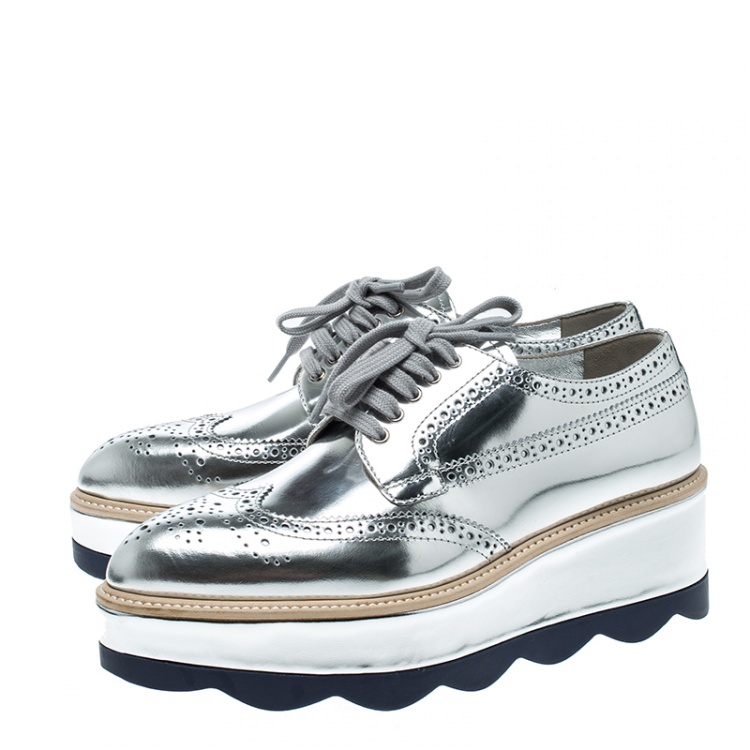 Pre Owned Prada Metallic Silver Brogue Leather Wave Wingtip Platform Derby Sneakers Size 37.5
