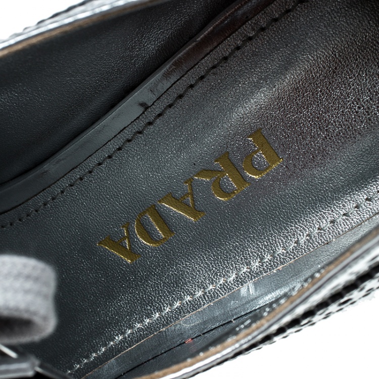 Pre Owned Prada Metallic Silver Brogue Leather Wave Wingtip Platform Derby Sneakers Size 37.5
