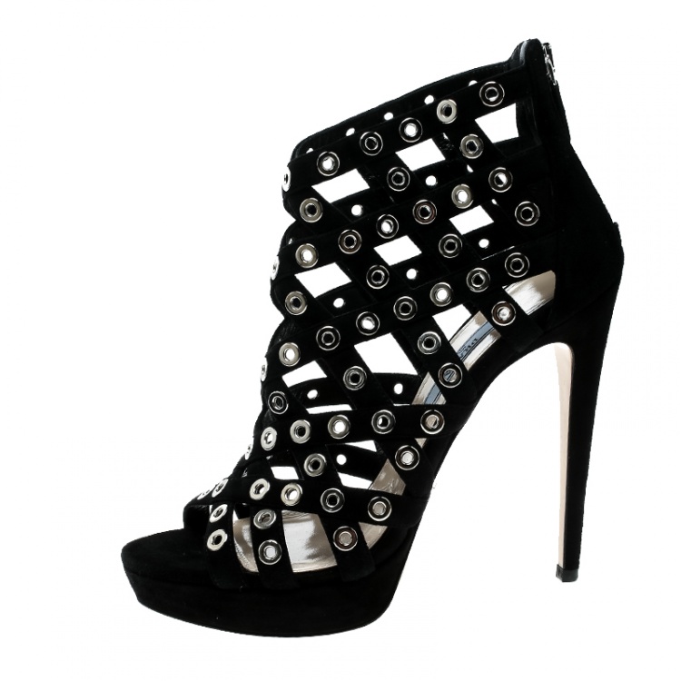 Pre Owned Prada Black Suede Eyelet Detail Platform Cage Booties Size 38