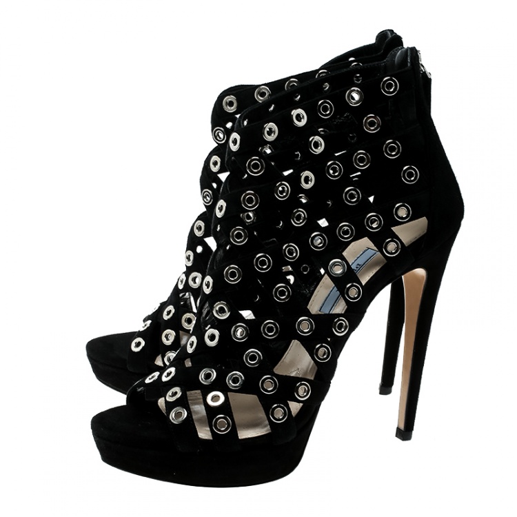 Pre Owned Prada Black Suede Eyelet Detail Platform Cage Booties Size 38