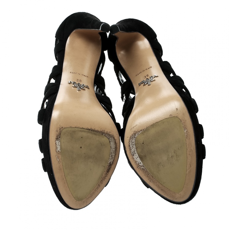 Pre Owned Prada Black Suede Eyelet Detail Platform Cage Booties Size 38