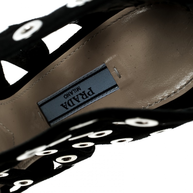 Pre Owned Prada Black Suede Eyelet Detail Platform Cage Booties Size 38