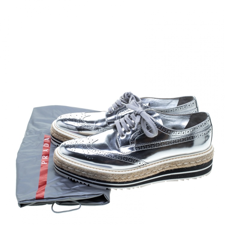 Pre Owned Prada Metallic Silver Brogue Leather Wave Wingtip Espadrille Platform Derby Sneakers Size 39.5