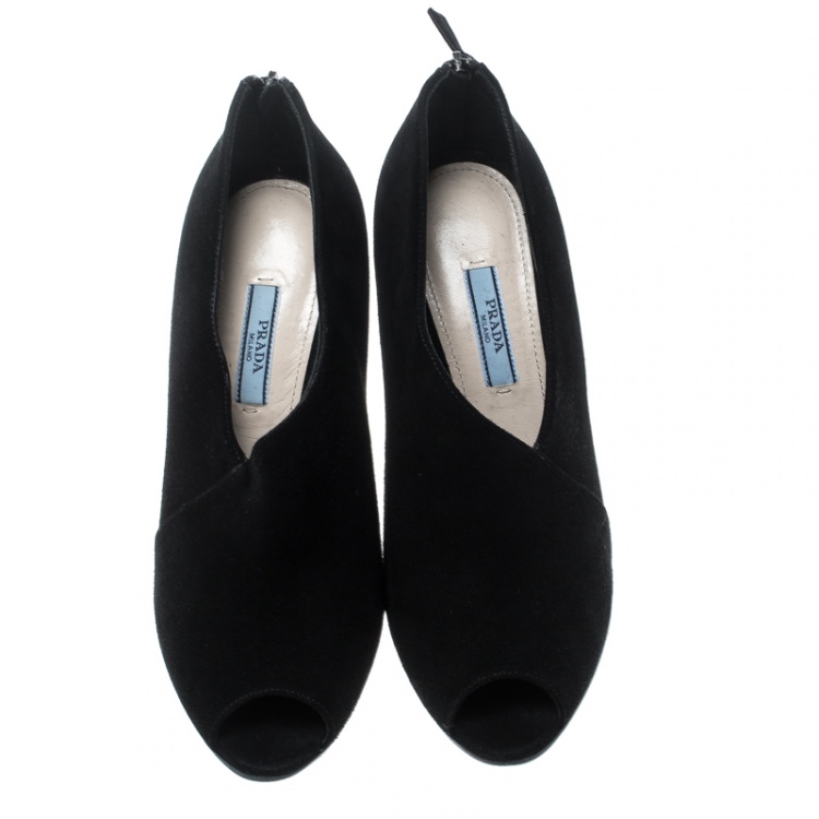 Pre Owned Prada Black Suede Peep Toe Ankle Boots Size 38.5