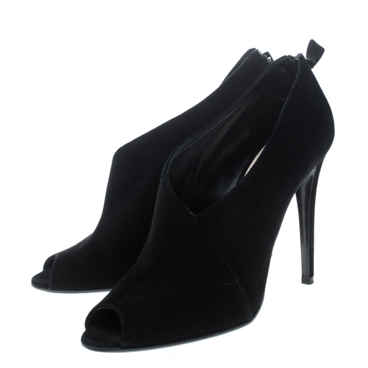 Pre Owned Prada Black Suede Peep Toe Ankle Boots Size 38.5