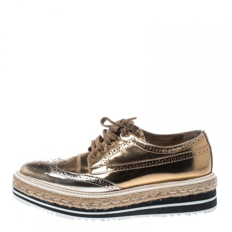 solo Bruin Temerity Prada Metallic Gold Brogue Leather Wave Wingtip Espadrille Platform Derby  Sneakers Size 38 Prada | TLC