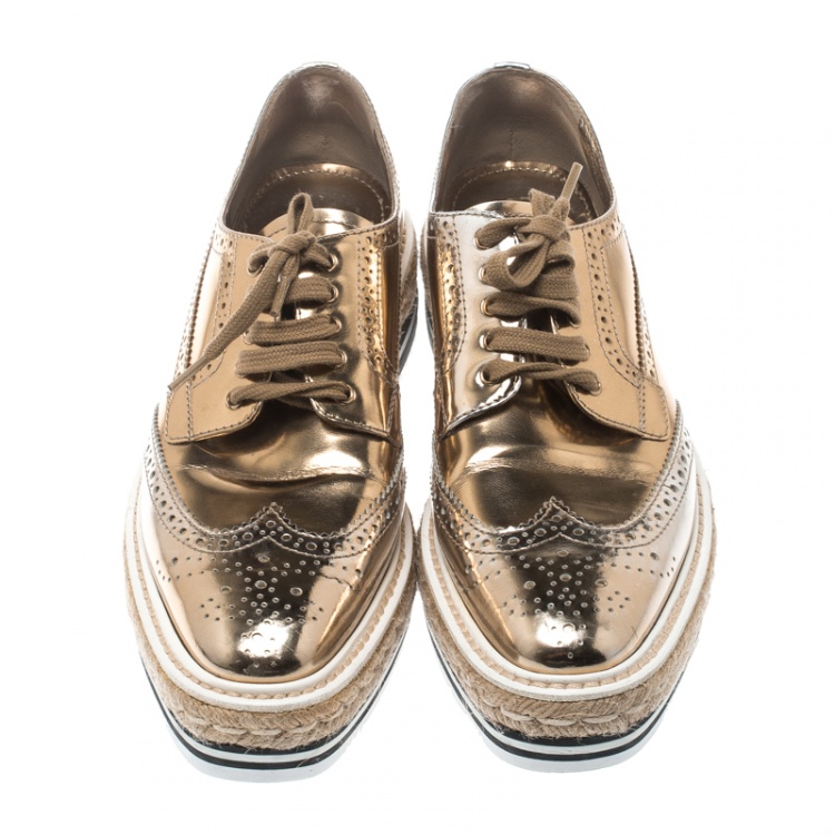 Pre Owned Prada Metallic Gold Brogue Leather Wave Wingtip Espadrille Platform Derby Sneakers Size 38