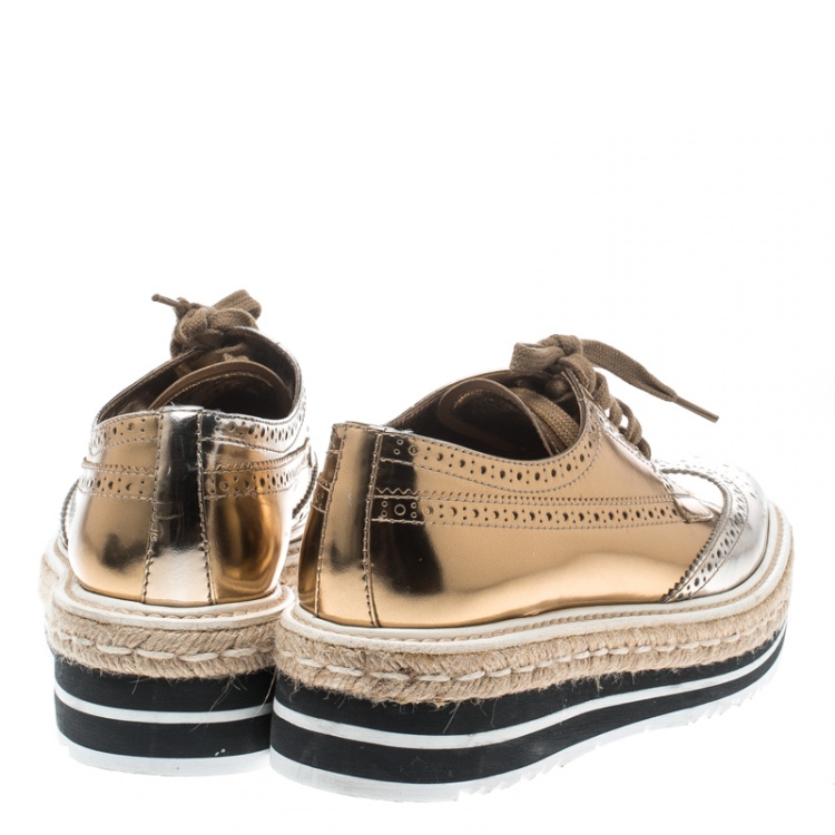 Pre Owned Prada Metallic Gold Brogue Leather Wave Wingtip Espadrille Platform Derby Sneakers Size 38