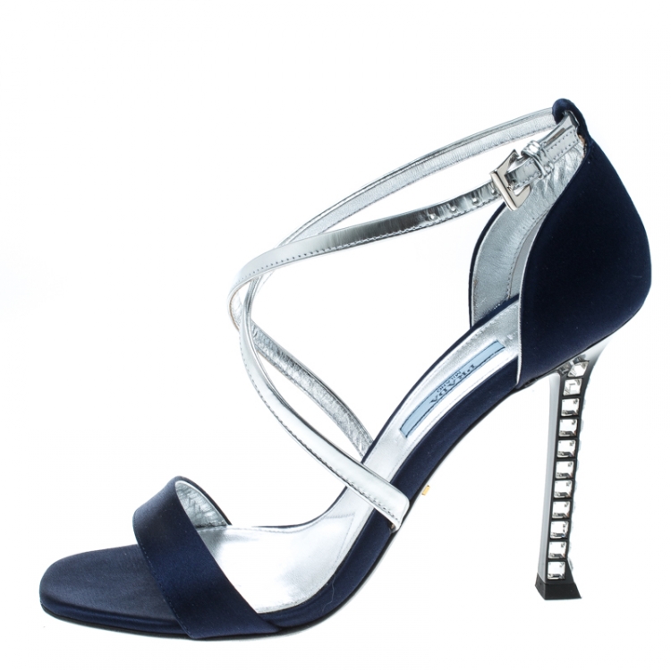 Prada Blue/Silver Satin and Leather Jeweled Heel Criss Cross Ankle Strap  Sandals Size  Prada | TLC