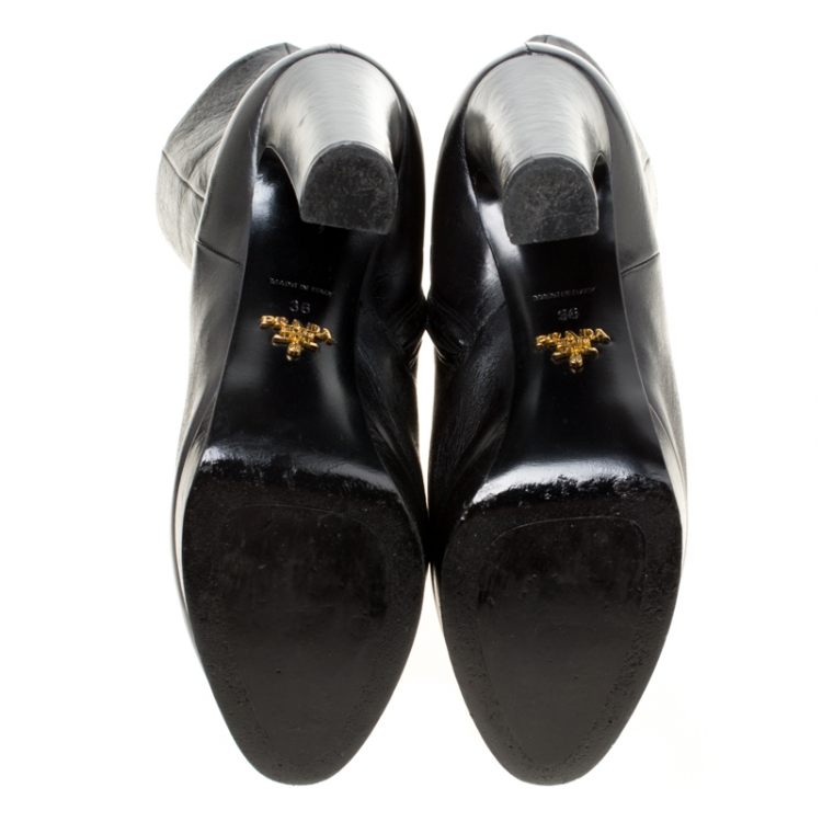 Pre Owned Prada Black Leather Platform Ankle Boots Size 36