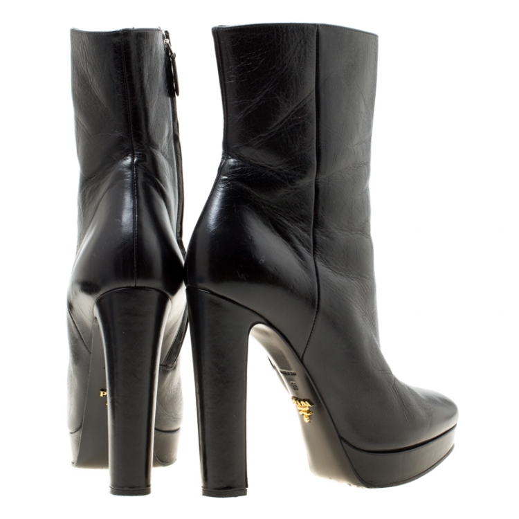Pre Owned Prada Black Leather Platform Ankle Boots Size 36