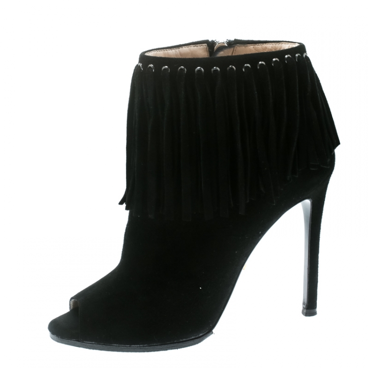 black fringe peep toe booties