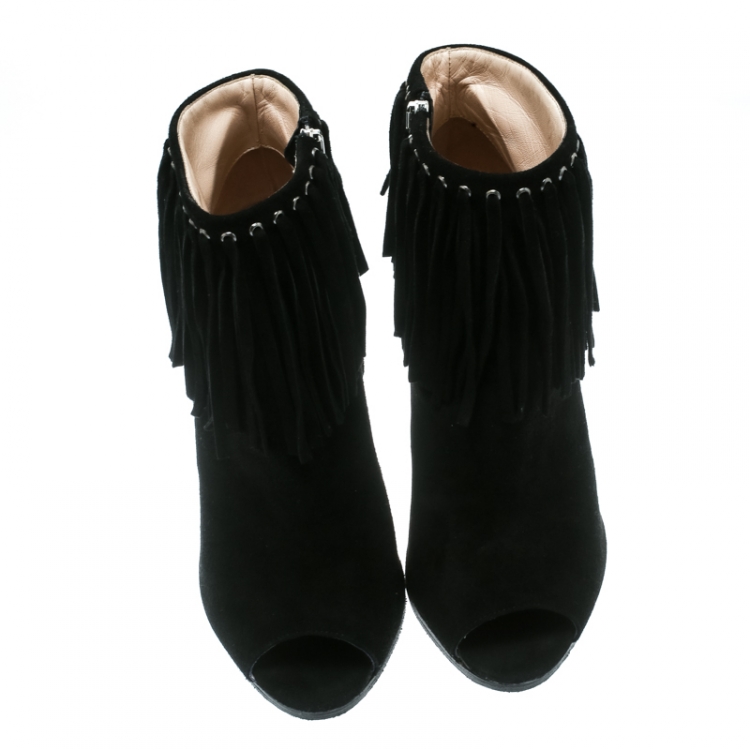 Pre Owned Prada Black Suede Fringe Detail Peep Toe Ankle Boots Size 36.5