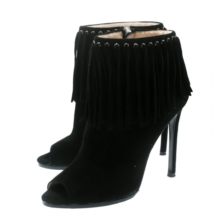 Pre Owned Prada Black Suede Fringe Detail Peep Toe Ankle Boots Size 36.5
