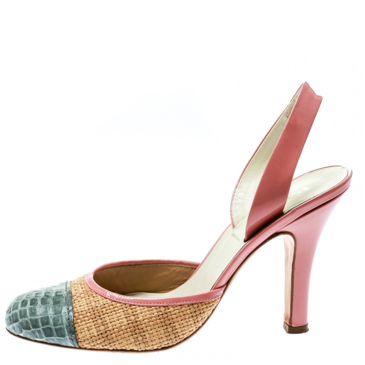 Prada Multicolor Woven Raffia and Alligator Cap Toe Sandals Size