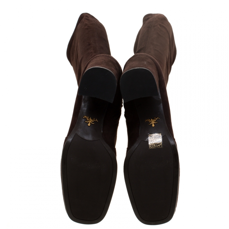 Pre Owned Prada Brown Suede Block Heel Knee Length Boots Size 39