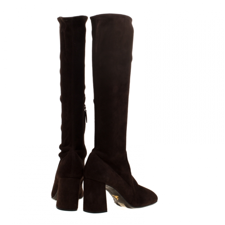 Pre Owned Prada Brown Suede Block Heel Knee Length Boots Size 39