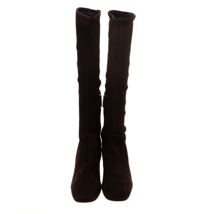 Pre Owned Prada Brown Suede Block Heel Knee Length Boots Size 39