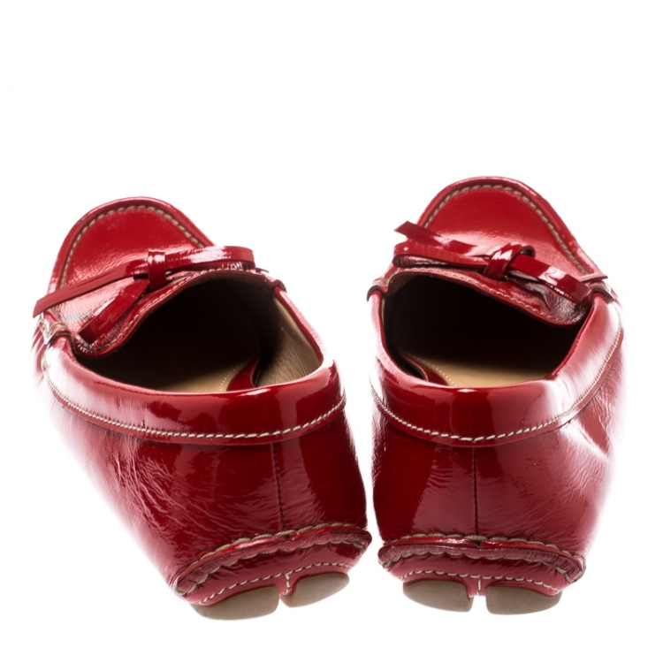 Pre Owned Prada Red Patent Leather Bow Loafers Size 39.5