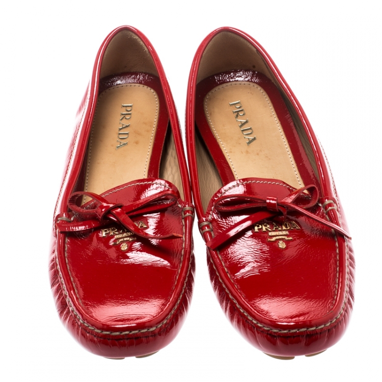 Pre Owned Prada Red Patent Leather Bow Loafers Size 39.5