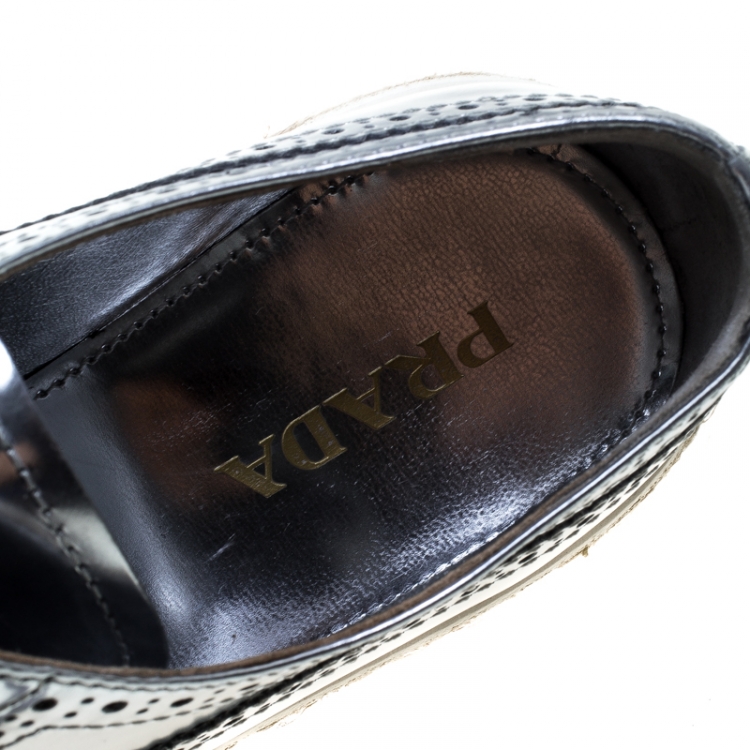 Pre Owned Prada Metallic Silver Brogue Leather Wave Wingtip Espadrille Platform Derby Sneakers Size 39.5