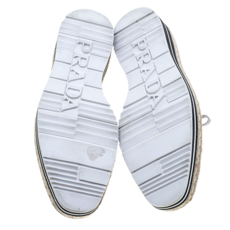 Pre Owned Prada Metallic Silver Brogue Leather Wave Wingtip Espadrille Platform Derby Sneakers Size 39.5