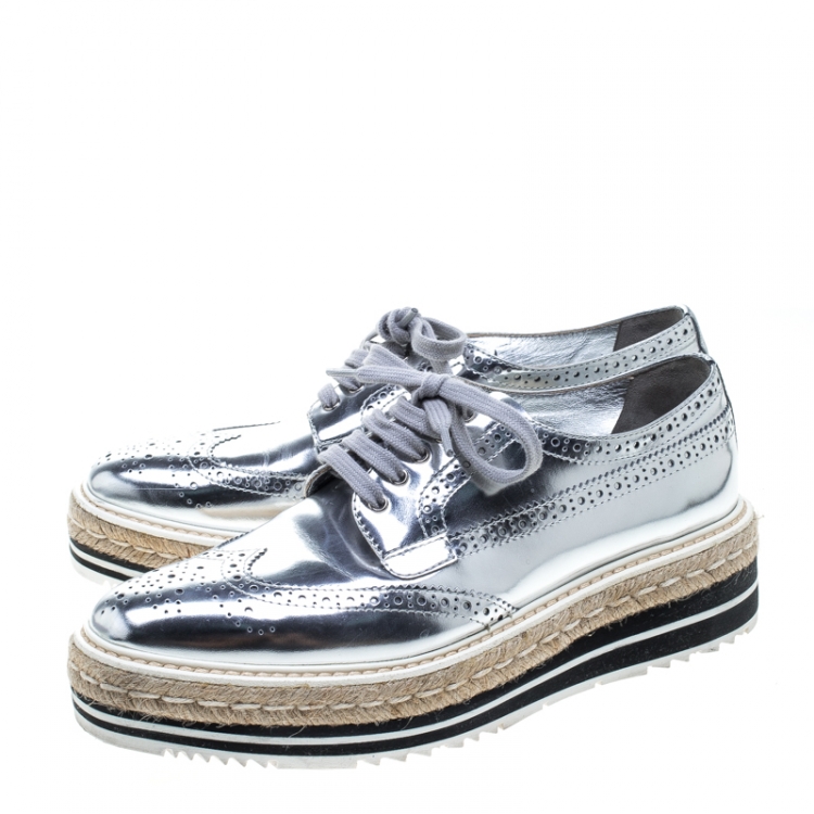 Pre Owned Prada Metallic Silver Brogue Leather Wave Wingtip Espadrille Platform Derby Sneakers Size 39.5