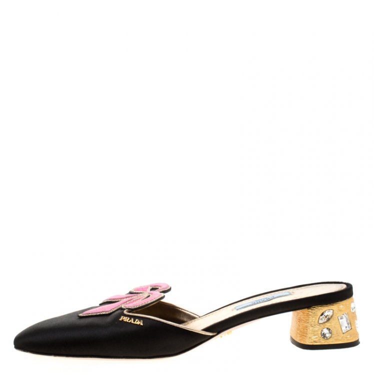 Prada Black And Pink Satin Bow Embellished Heel Mules Size 40 Prada | TLC