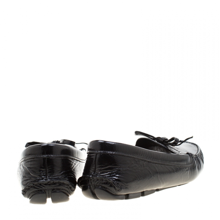 Pre Owned Prada Black Patent Saffiano Leather Bow Loafers Size 41