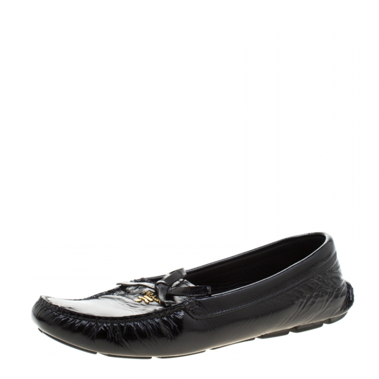 Pre Owned Prada Black Patent Saffiano Leather Bow Loafers Size 41