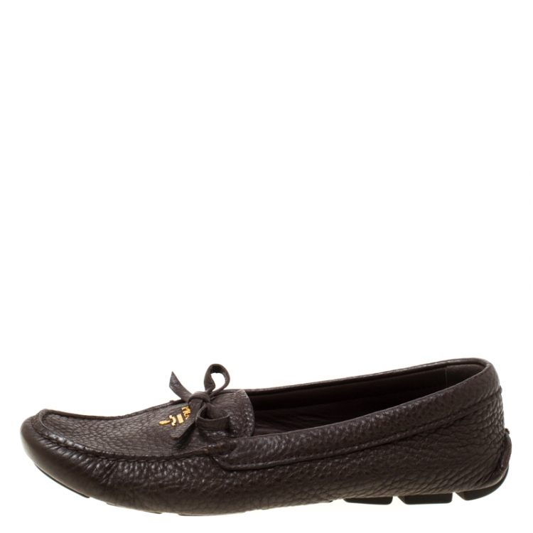 Pre Owned Prada Brown Leather Bow Slip On Loafers Size 37