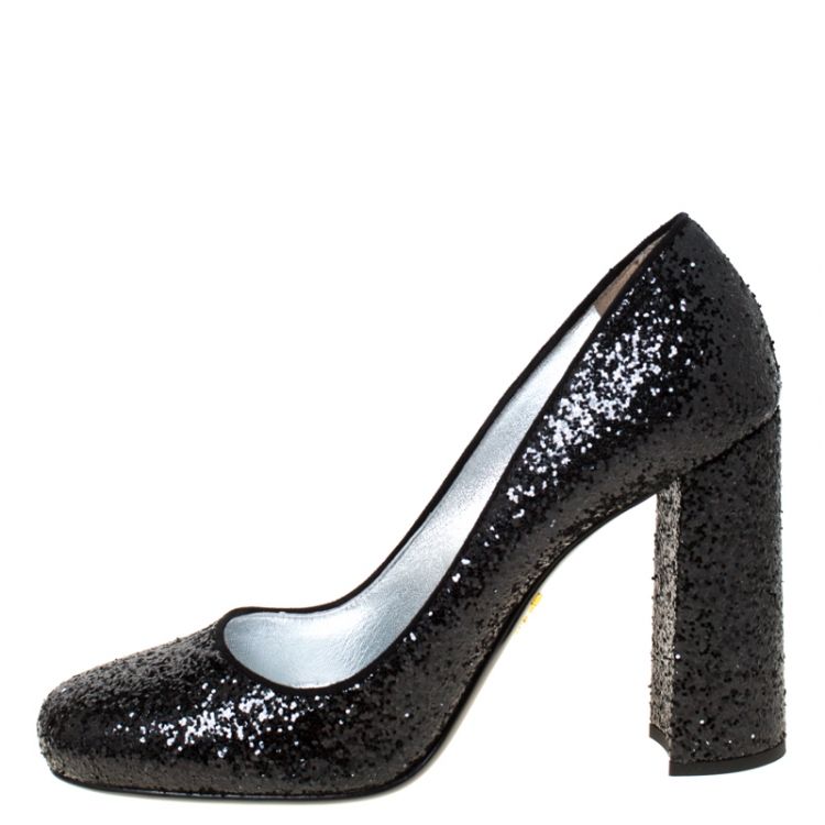 Prada Black Glitter Block Heel Pumps Size  Prada | TLC