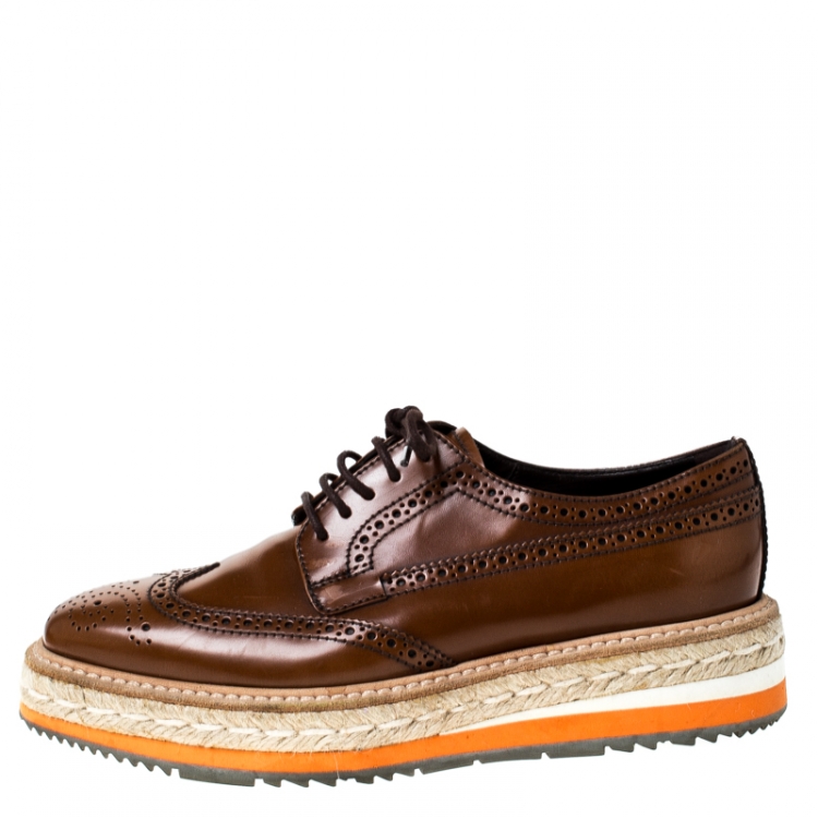 Prada Brown Brogue Leather Oxford Espadrille Sneakers Size  Prada | TLC