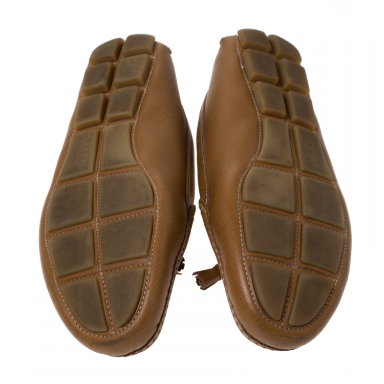 Pre Owned Prada Brown Saffiano Leather Bow Detail Loafers Size 39.5