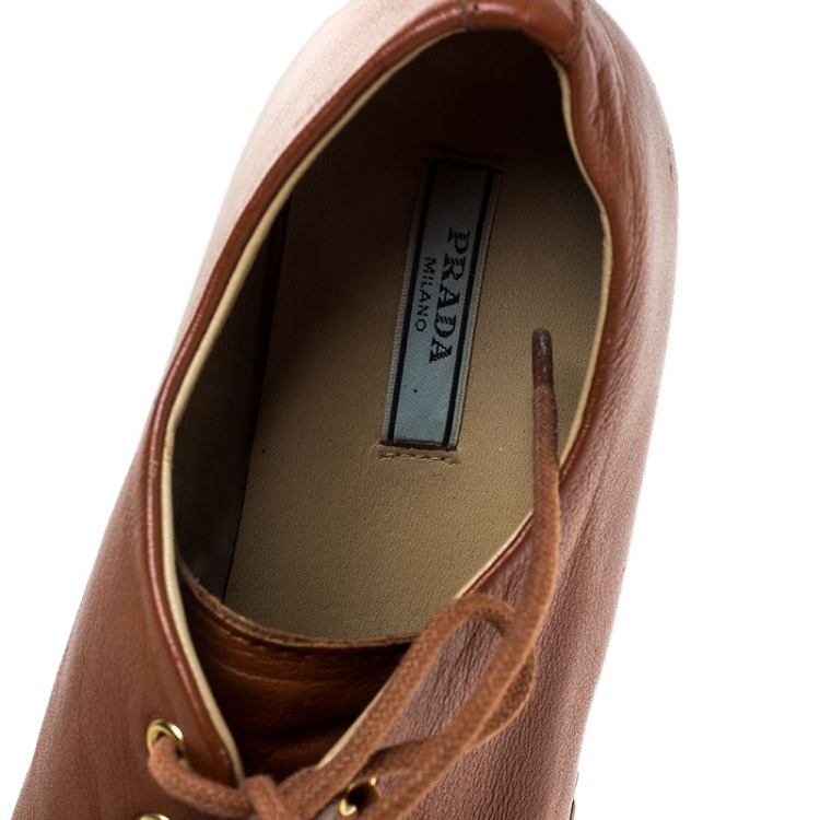 Pre Owned Prada Tan Leather Lace Platform Derby Sneakers Size 38